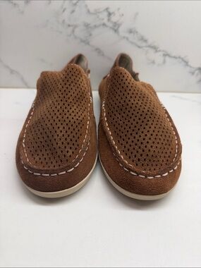 OluKai Perforated Suede Slip-On Moccasins in Chestnut Brown